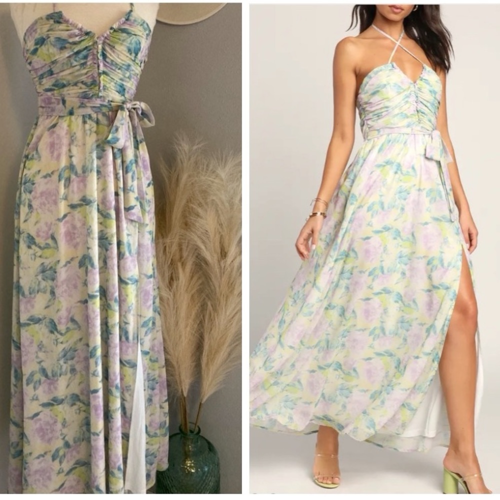 ❤️ Lulus Effortlessly Abloom Green Multi Floral Ruched Halter Midi Dress